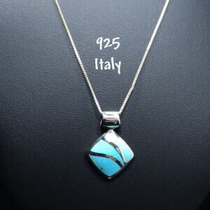 Vintage Lucite Turquoise Pendent Necklace, Sterling Italy Box Chain